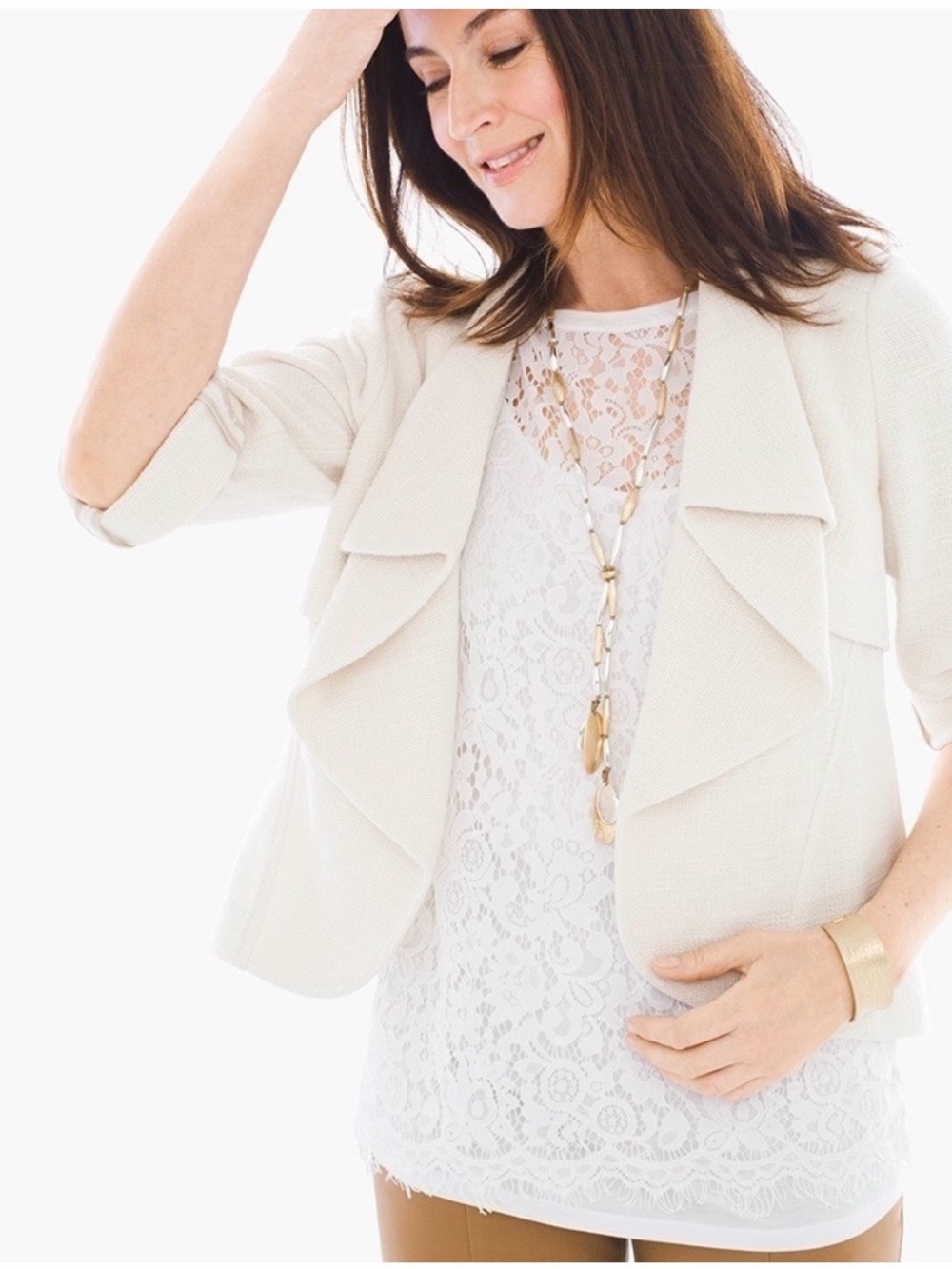 Chico’s Drape Front Crop 3/4 Sleeve Vintage White Cotton Texture Jacket Small